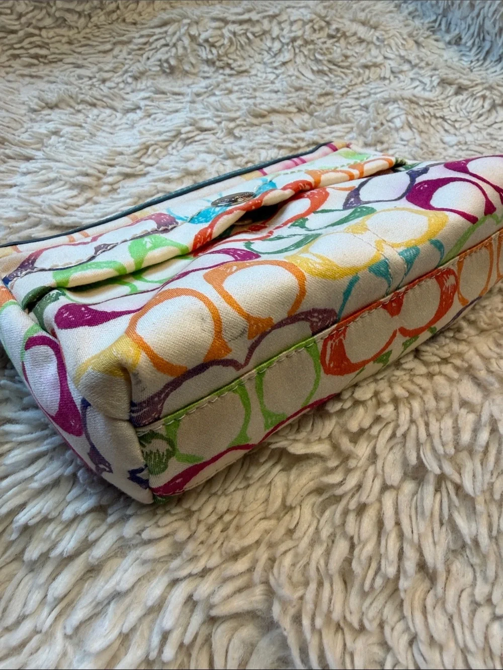 Vintage Coach Poppy Scribble  Wristlet/Clutch~Aqua Leather/Soft Canvas